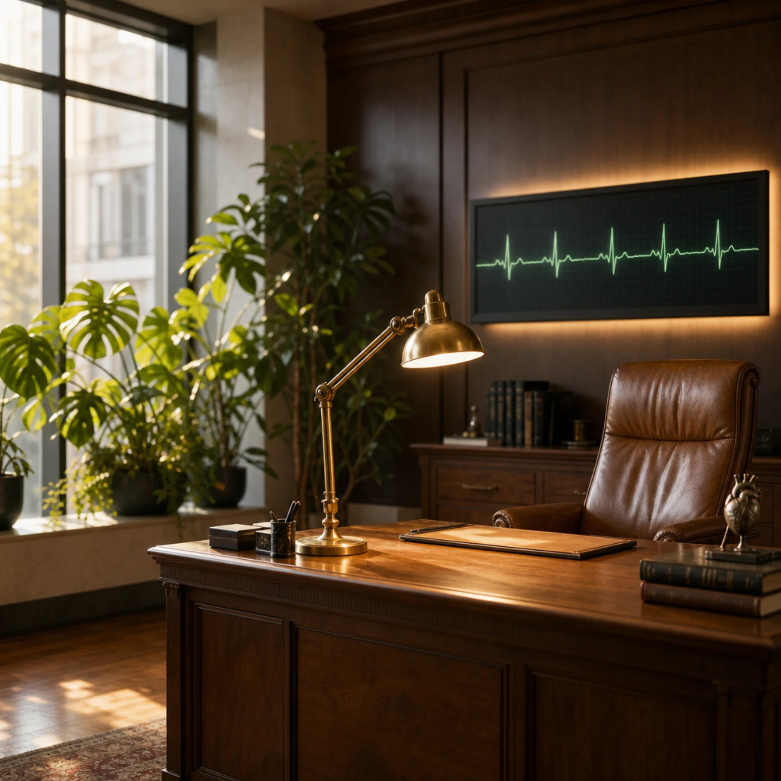 Cardiology consult room with ECG waveform display and brass lamp at Amadeo Medical Group
