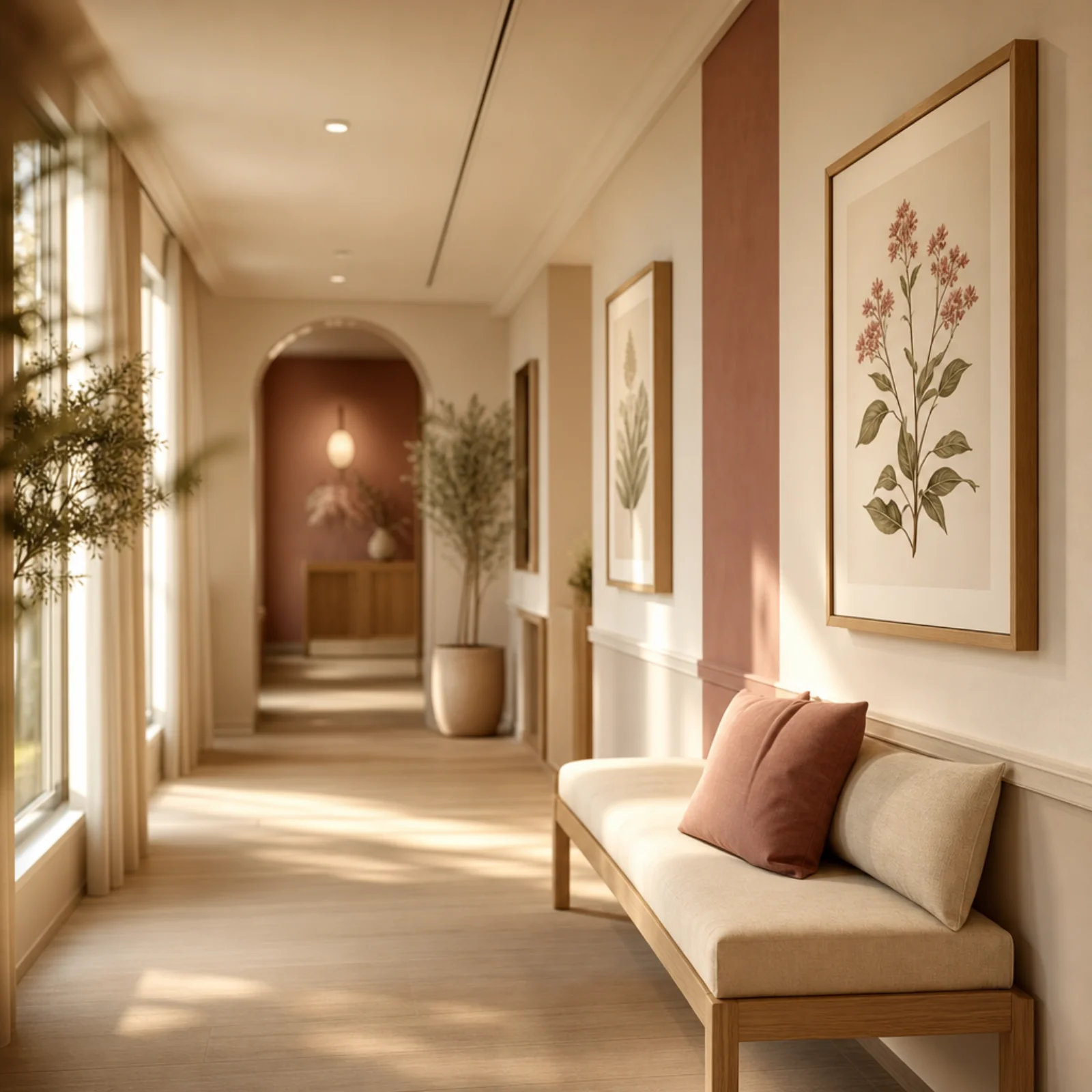 Warm clinic corridor with botanical art and linen bench at Amadeo Medical Group