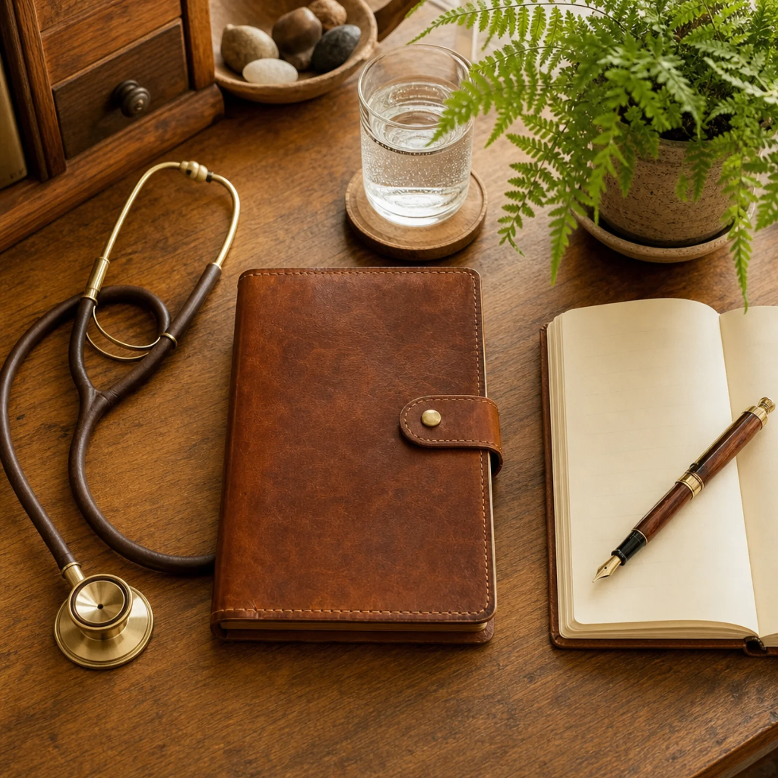 Doctor consultation desk with stethoscope and appointment book at Amadeo Medical Group