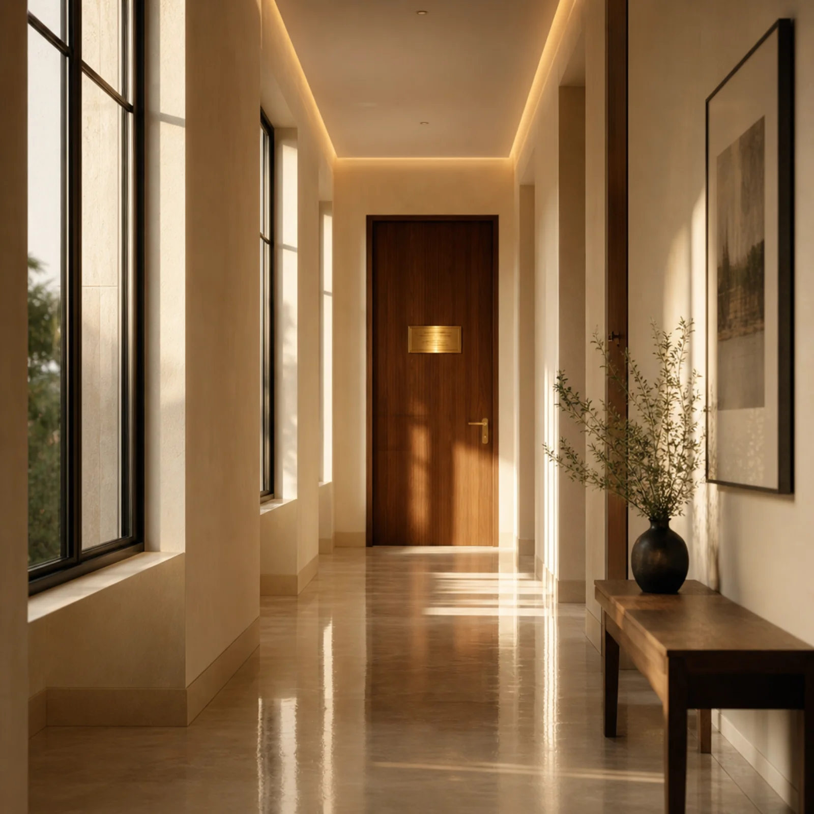 Sunlit clinic corridor with wooden door and brass nameplate at Amadeo Medical Group