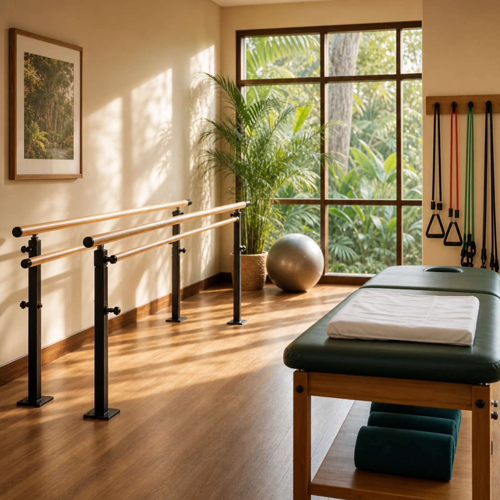Physiotherapy room with parallel bars and treatment table at Amadeo Medical Group