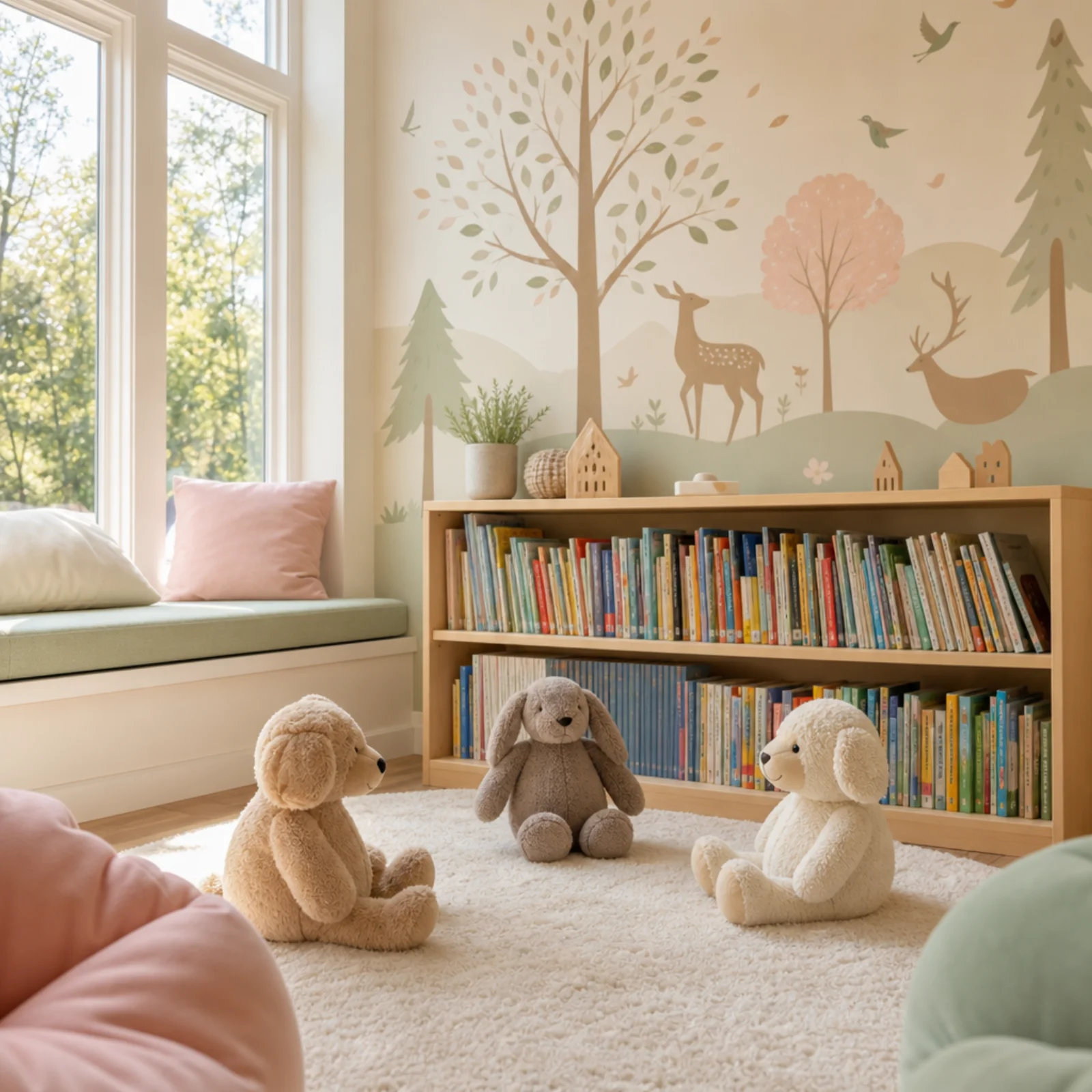 Pediatric reading nook with bookshelf and plush toys at Amadeo Medical Group