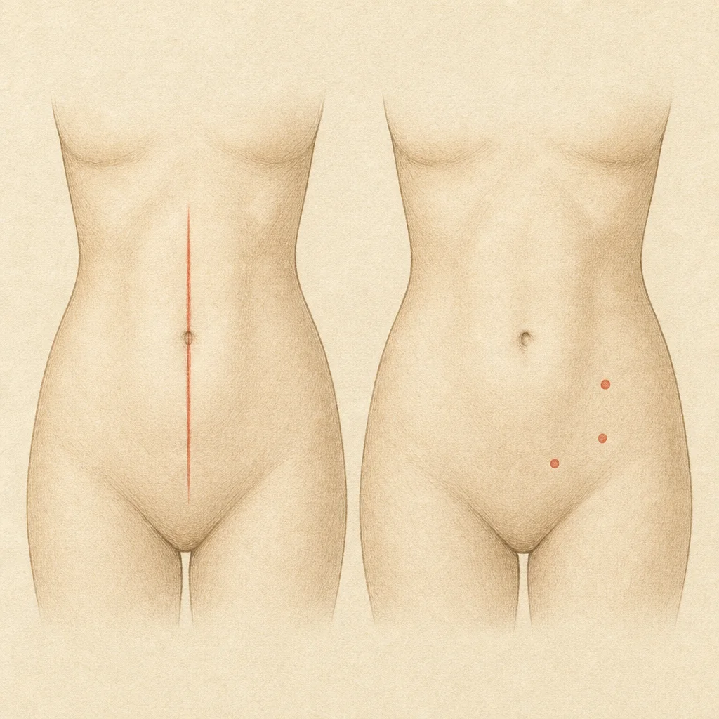 Open surgery versus laparoscopic incision size comparison illustration — 15-20cm linear incision next to three 5-12mm laparoscopic ports